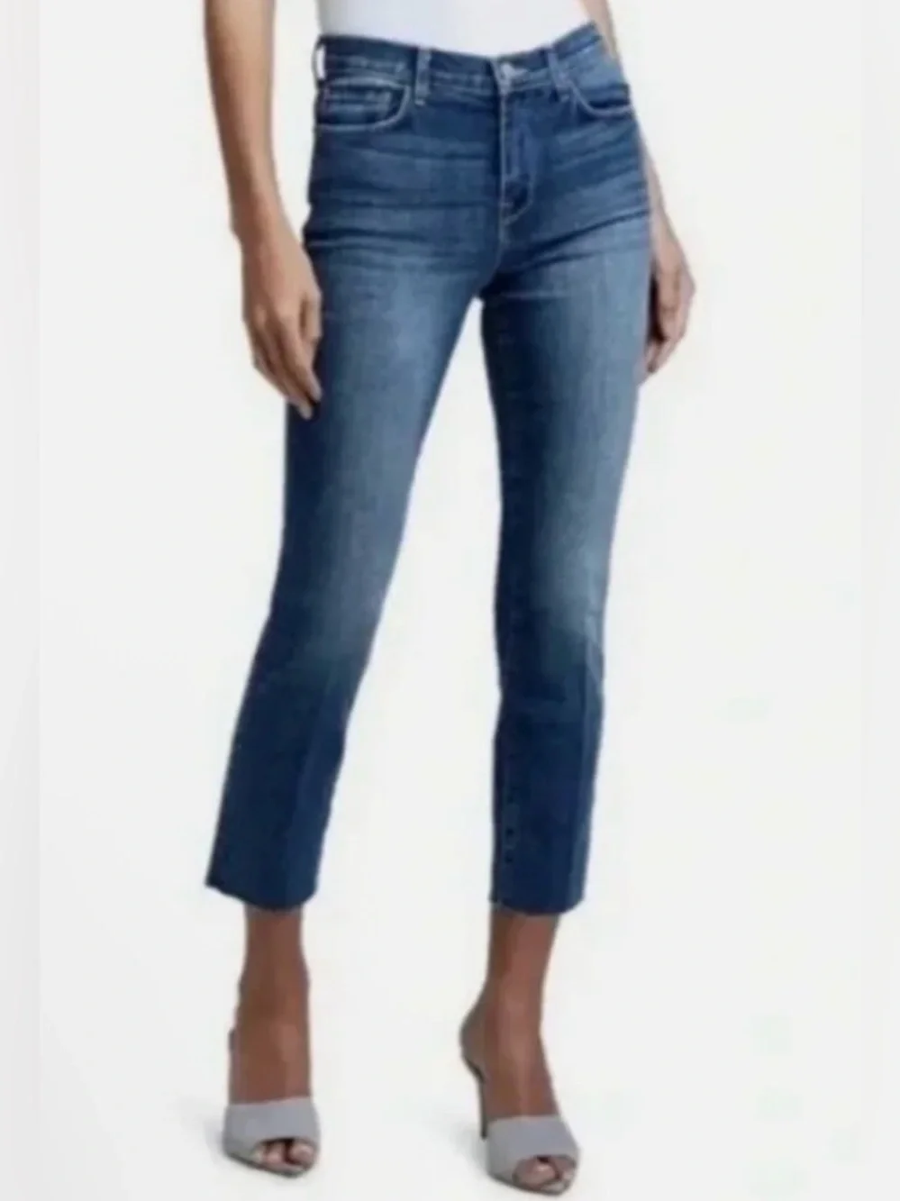 L'AGENCE Medium Wash High Rise Cropped Slim Jeans with Raw Hem - Size 28